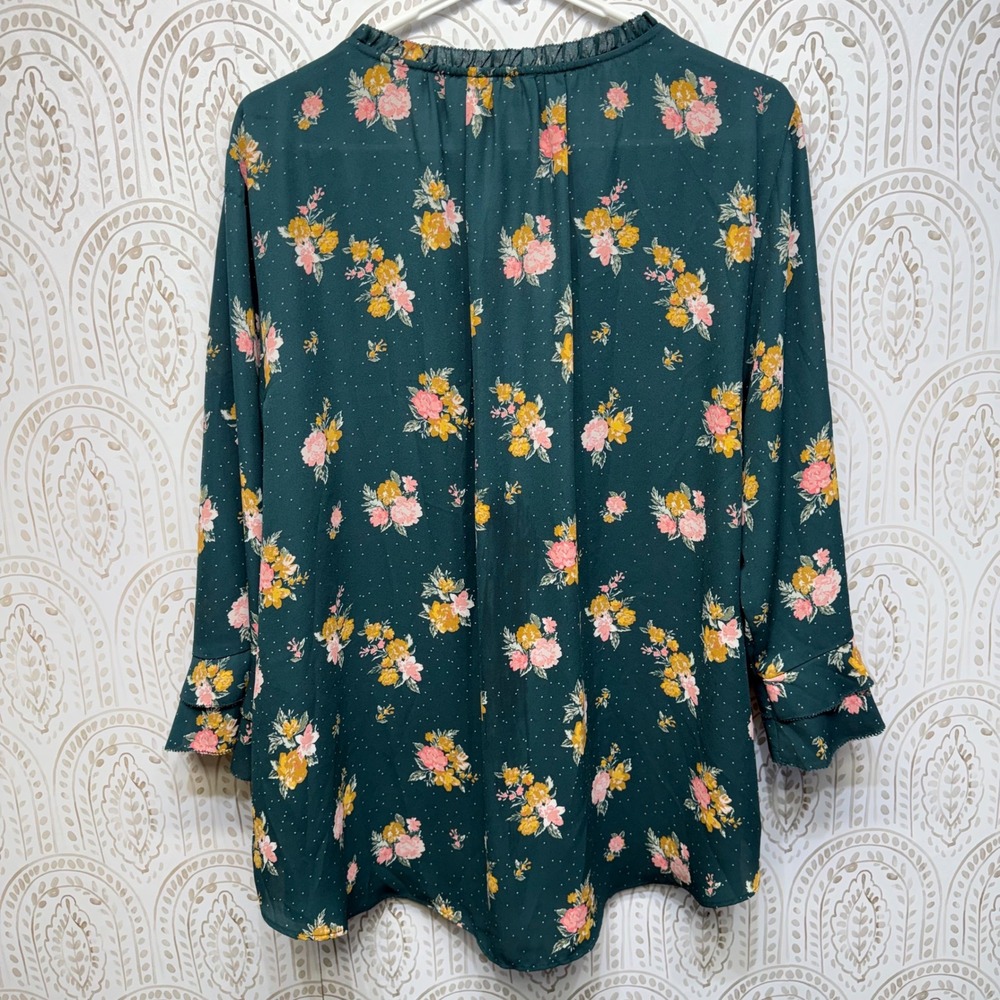 Maurices Floral Blouse Women XXL Teal Pink Yellow‎ Ruffle Neck Long Sleeve Top - Picture 6 of 7